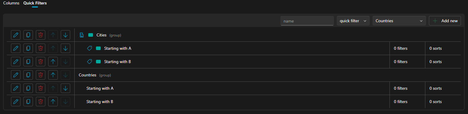space view quick filters configuration